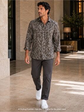 Bugatchi Vintage Graphite Abstract Leaf Print Button Up Shirt XL